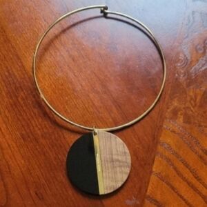 Michael Kors Gold Tone Collar Necklace with Black and Wood Disc Pendant